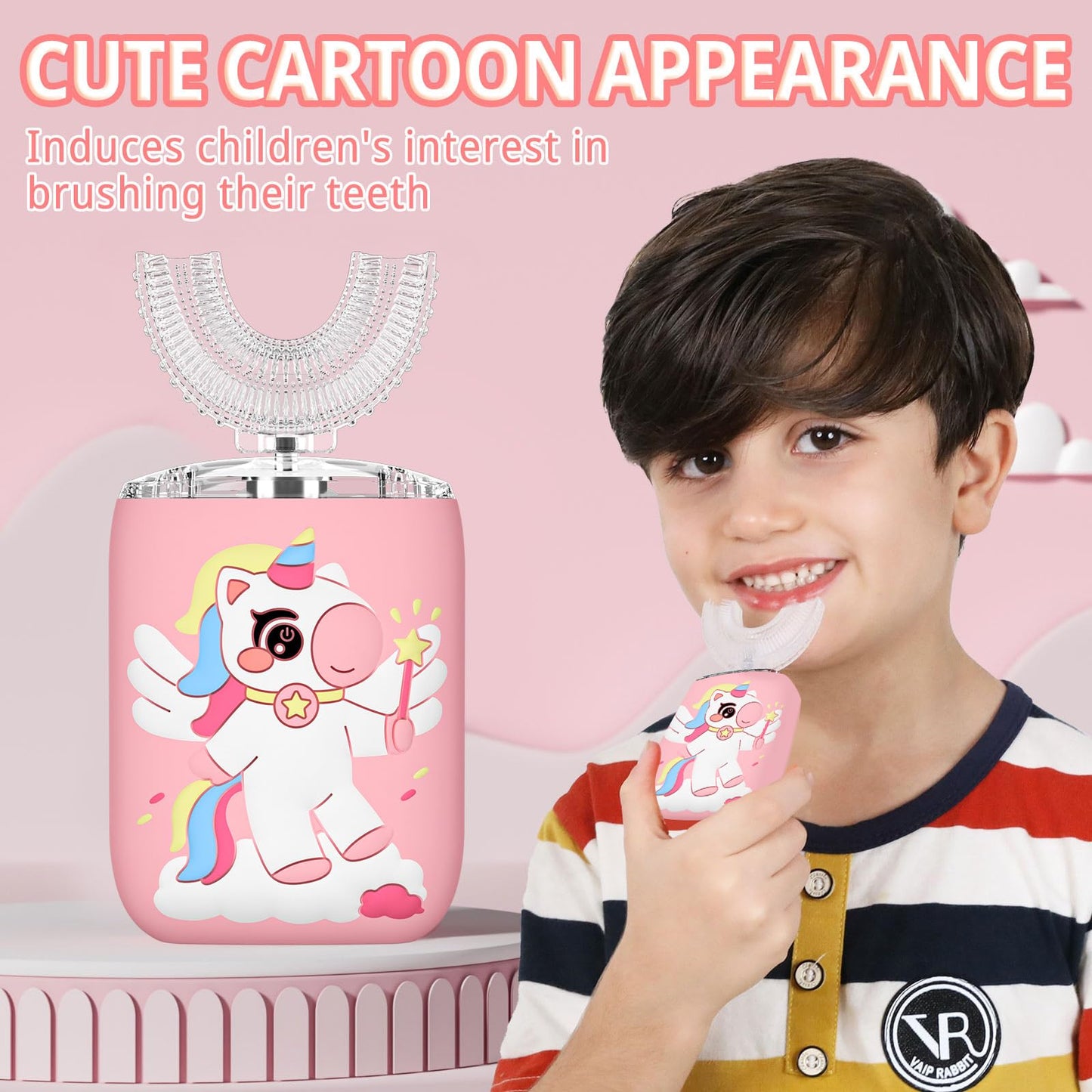 ELOTAME Kids U-Shaped Electric Toothbrush – Unicorn Pink, 6 Modes, Rechargeable, IPX7