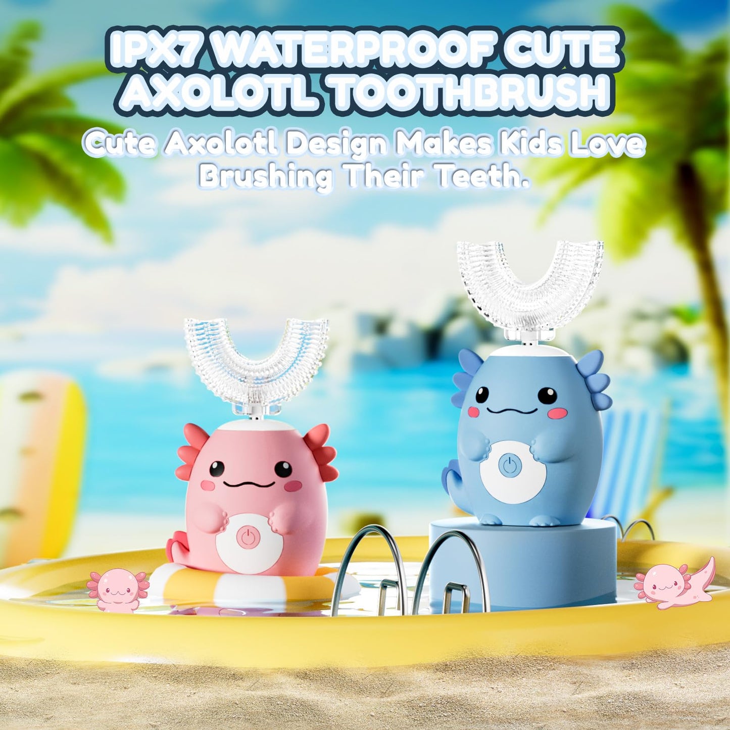 ELOTAME Kids Electric U‑Shaped Toothbrush – Axolotl Cartoon Sonic (Ages 2–15) | 6 Modes