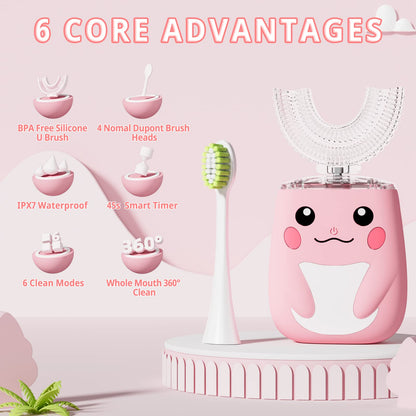ELOTAME Kids U-Shaped Electric Toothbrush - 6 Modes, 360° Cleaning, IPX7, Pink
