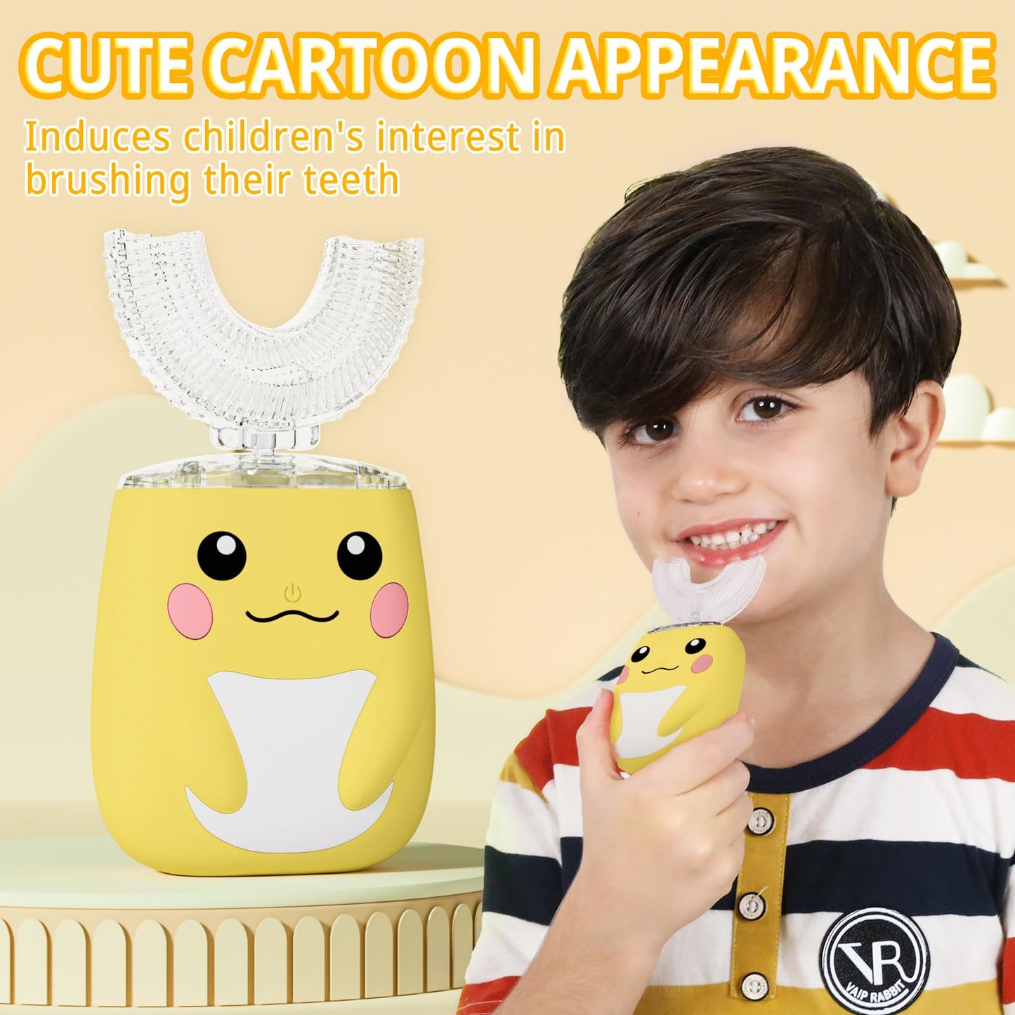 ELOTAME Kids U-Shaped Electric Toothbrush - 6 Modes, 6 Brush Heads, 360° Cleaning, IPX7 Waterproof (Age 2-7, Yellow)