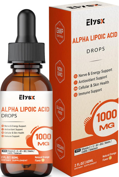 Elysx Alpha Lipoic Acid Liquid Drops 1000mg – Nerve & Antioxidant Support, Orange Flavor, 2oz