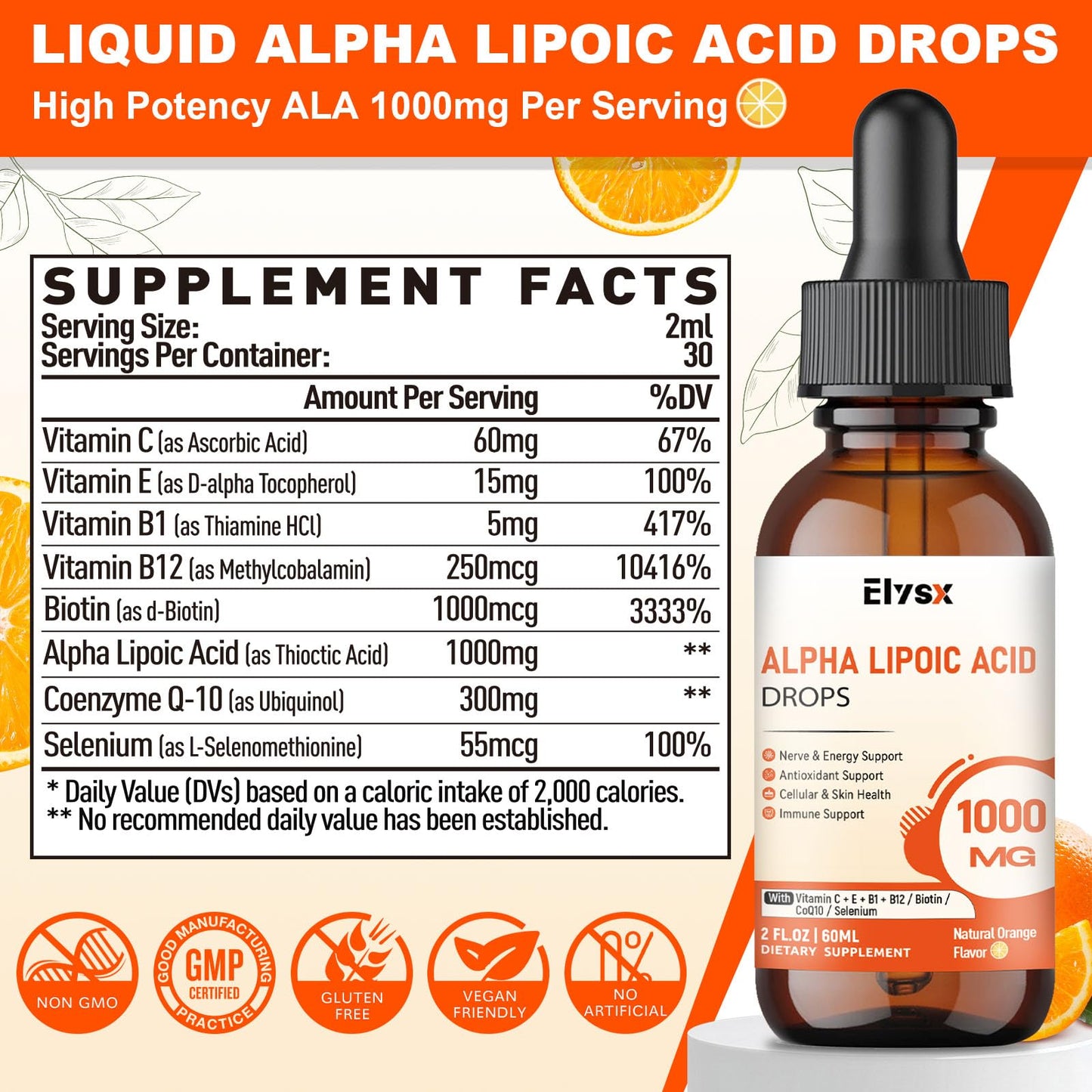 Elysx Alpha Lipoic Acid Liquid Drops 1000mg – Nerve & Antioxidant Support, Orange Flavor, 2oz
