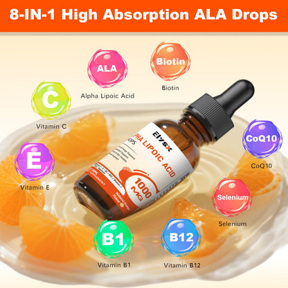 Elysx Alpha Lipoic Acid Liquid Drops 1000mg – Nerve & Antioxidant Support, Orange Flavor, 2oz