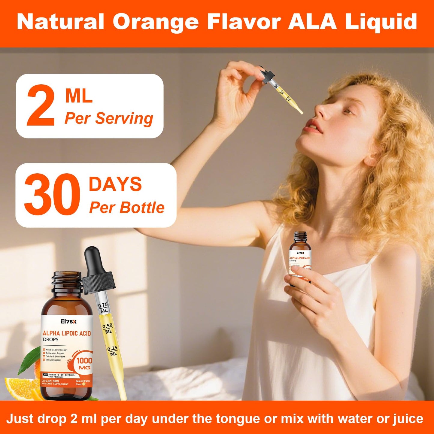 Elysx Alpha Lipoic Acid Liquid Drops 1000mg – Nerve & Antioxidant Support, Orange Flavor, 2oz