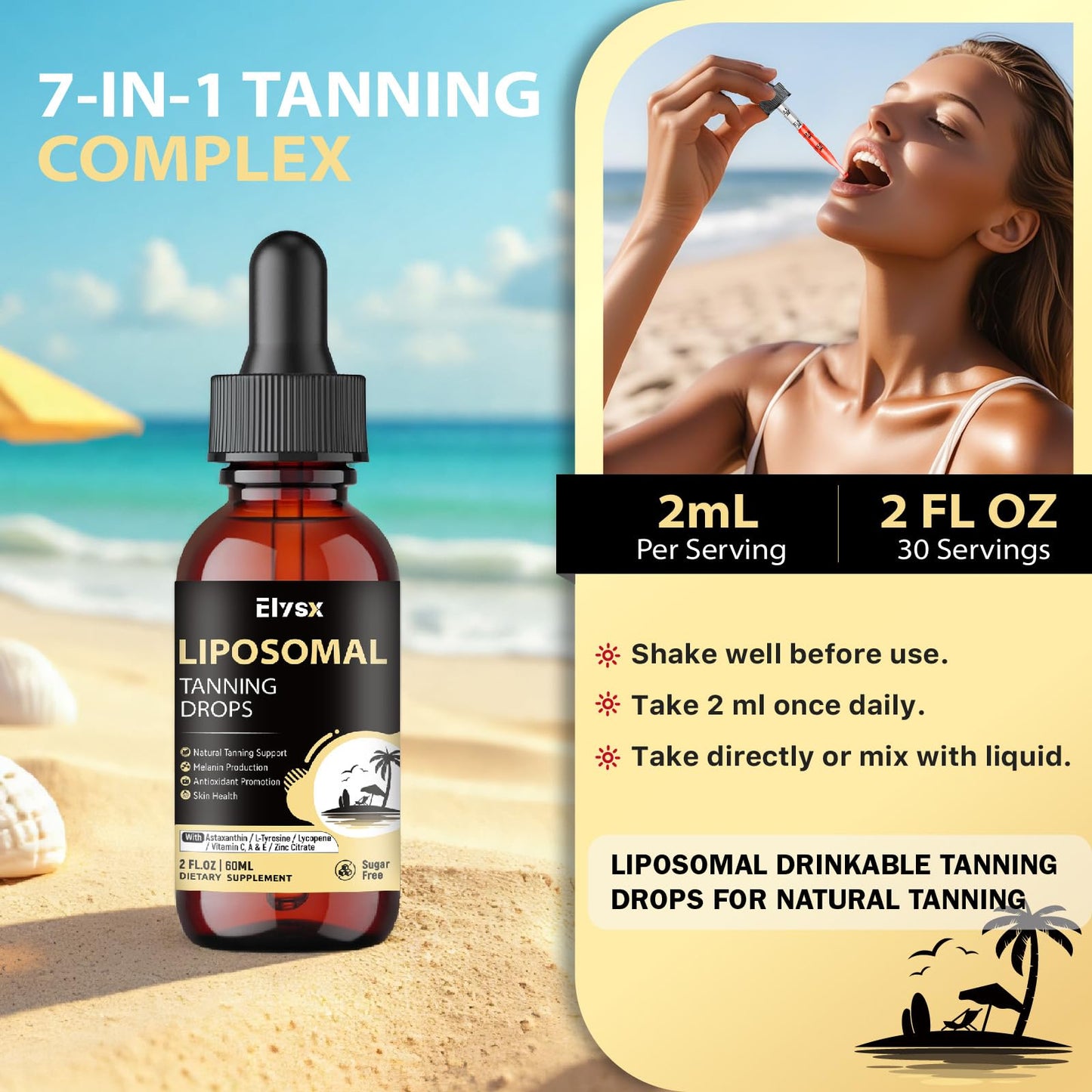 Elysx Liposomal Tanning Drops – Drinkable Astaxanthin 24mg, Lycopene, L-Tyrosine, Vitamins, Lemon