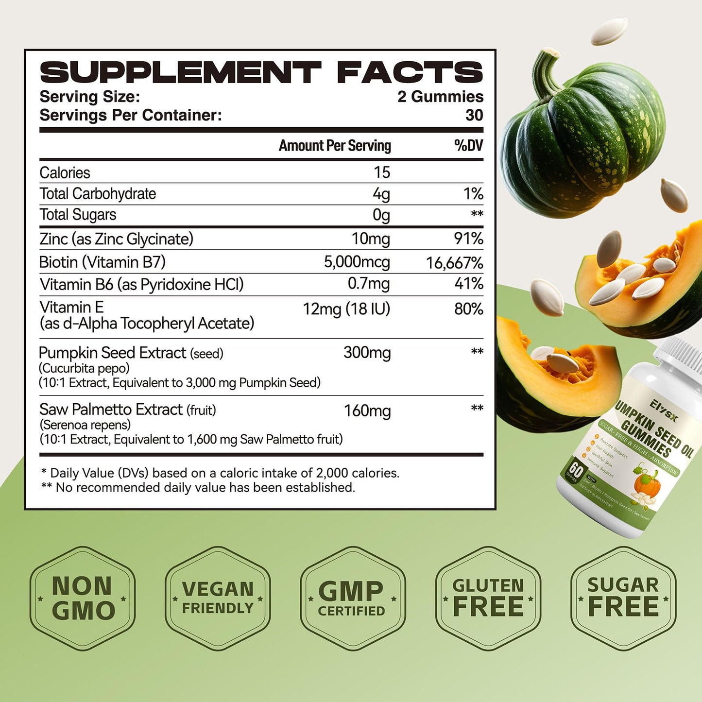 Elysx Pumpkin Seed Oil Gummies with Saw Palmetto – Hair & Skin Health, 60 Ct