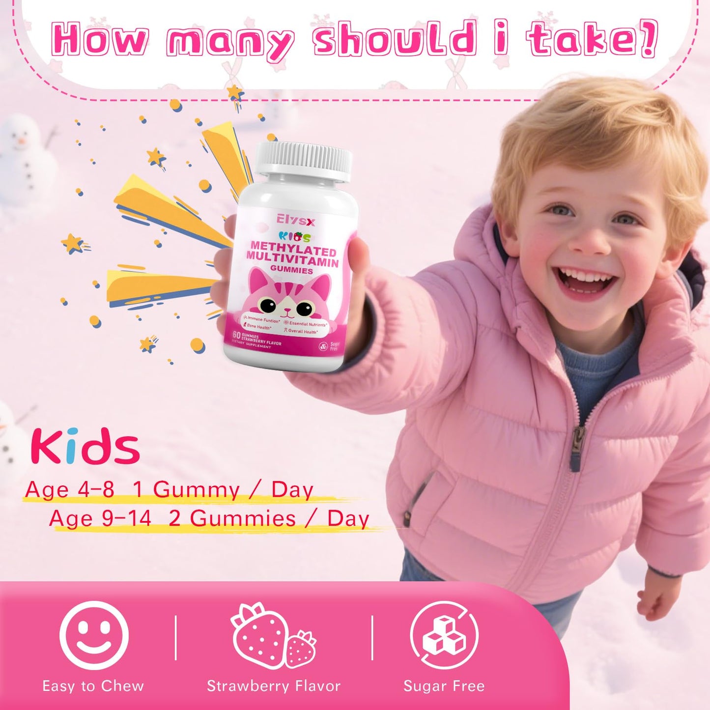Elysx Kids Methylated Multivitamin Gummies – Immune & Brain Support, Strawberry, 60 Count