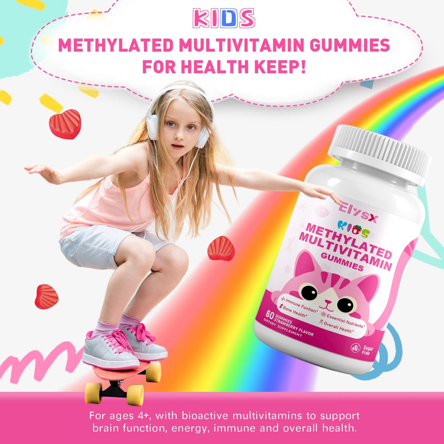 Elysx Kids Methylated Multivitamin Gummies – Immune & Brain Support, Strawberry, 60 Count