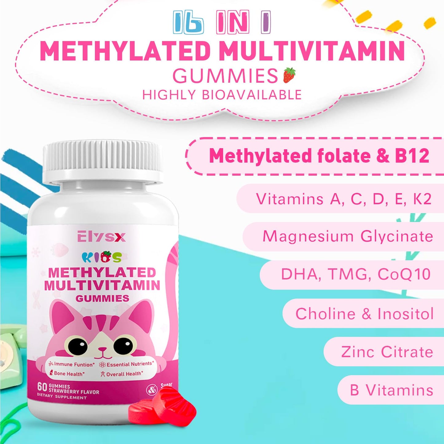 Elysx Kids Methylated Multivitamin Gummies – Immune & Brain Support, Strawberry, 60 Count
