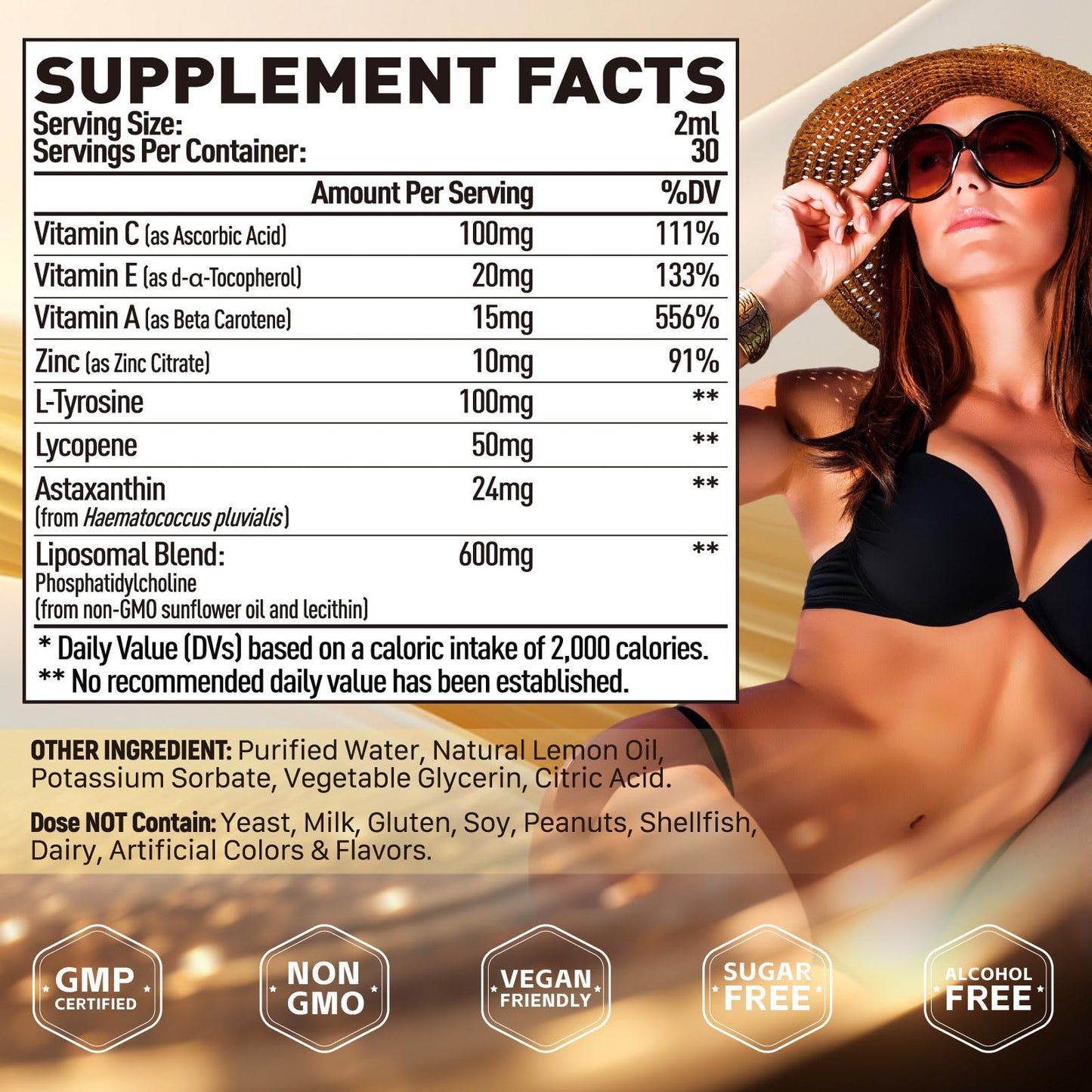 Elysx Liposomal Tanning Drops – Drinkable Astaxanthin 24mg, Lycopene, L-Tyrosine, Vitamins, Lemon
