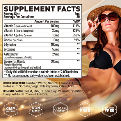 Elysx Liposomal Tanning Drops – Drinkable Astaxanthin 24mg, Lycopene, L-Tyrosine, Vitamins, Lemon