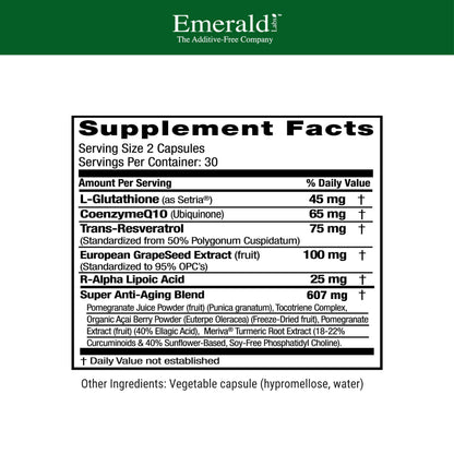 Emerald Labs Anti-Aging Cellular Complex | Setria L-Glutathione, CoQ10 & Resveratrol - 60 Veggie Capsules