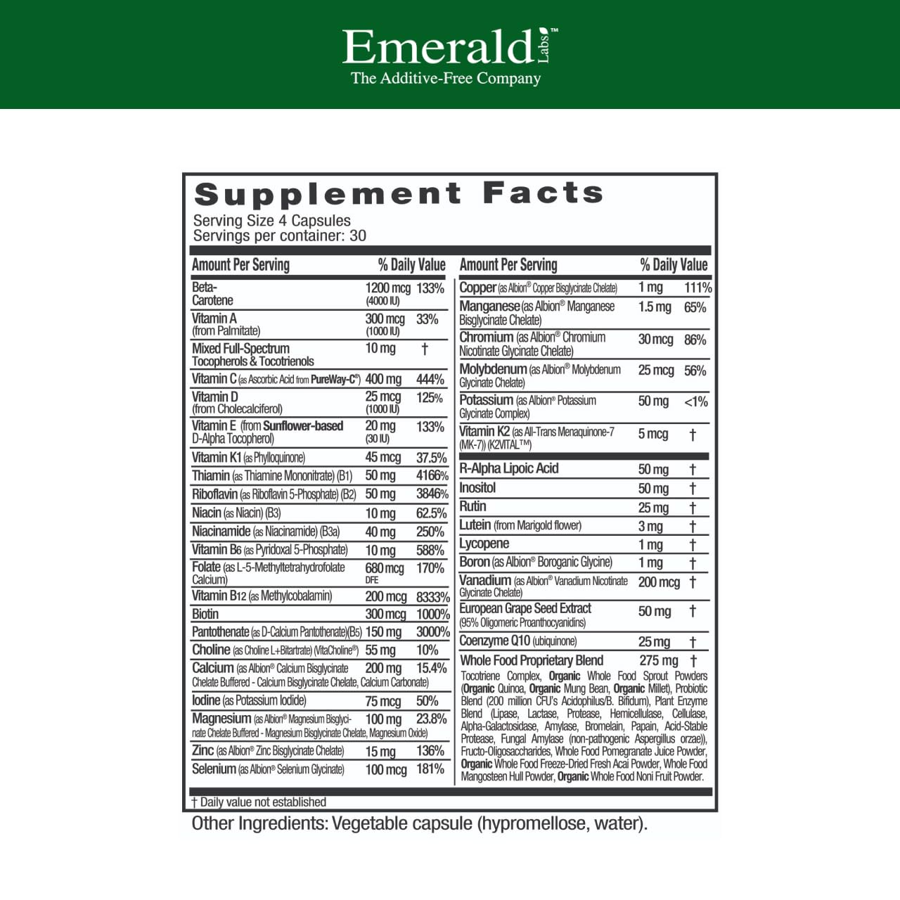 EMERALD LABS Complete Clinical Multi - Multivitamin for Gut Health & Immune Support | 120 Veg Capsules