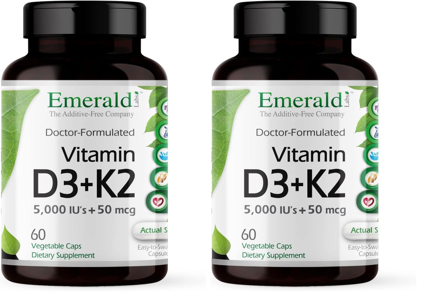 EMERALD LABS Vitamin D3+K2 5000 IU MK-7 - 60 Veg Capsules (Pack of 2) for Bone & Heart Health