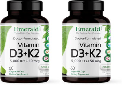 EMERALD LABS Vitamin D3+K2 5000 IU MK-7 - 60 Veg Capsules (Pack of 2) for Bone & Heart Health