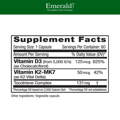 EMERALD LABS Vitamin D3+K2 5000 IU MK-7 - 60 Veg Capsules (Pack of 2) for Bone & Heart Health