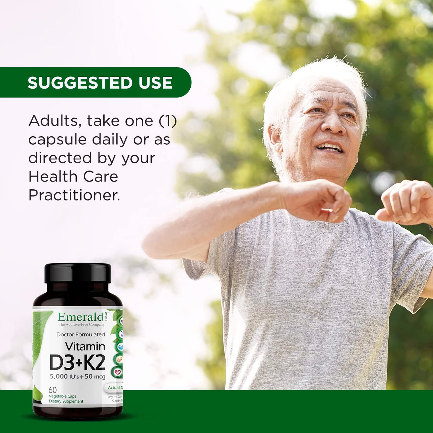 EMERALD LABS Vitamin D3+K2 5000 IU MK-7 - 60 Veg Capsules (Pack of 2) for Bone & Heart Health