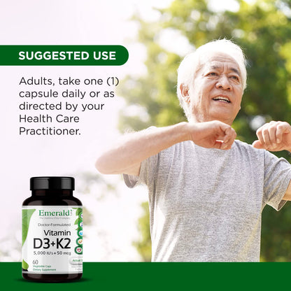 EMERALD LABS Vitamin D3+K2 5000 IU MK-7 - 60 Veg Capsules (Pack of 2) for Bone & Heart Health