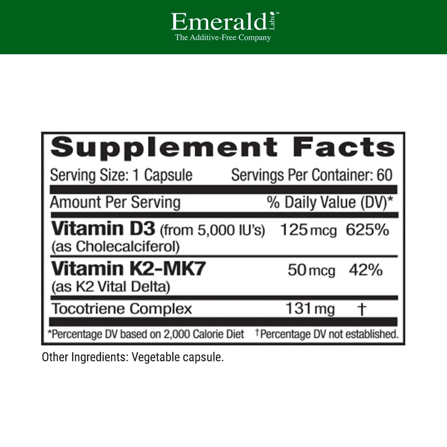 EMERALD LABS Vitamin D3+K2 - 5000 IU D3 + MK-7 for Bone & Heart Health | Vegetarian, Gluten-Free