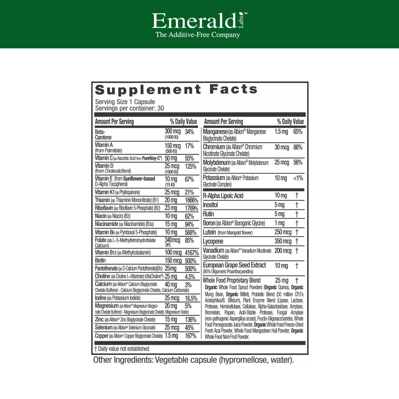 EMERALD LABS Men's 1 Daily Multi – Additive-Free Multivitamin with Vitamin D3, Zinc & Lycopene (30 Veg Capsules)