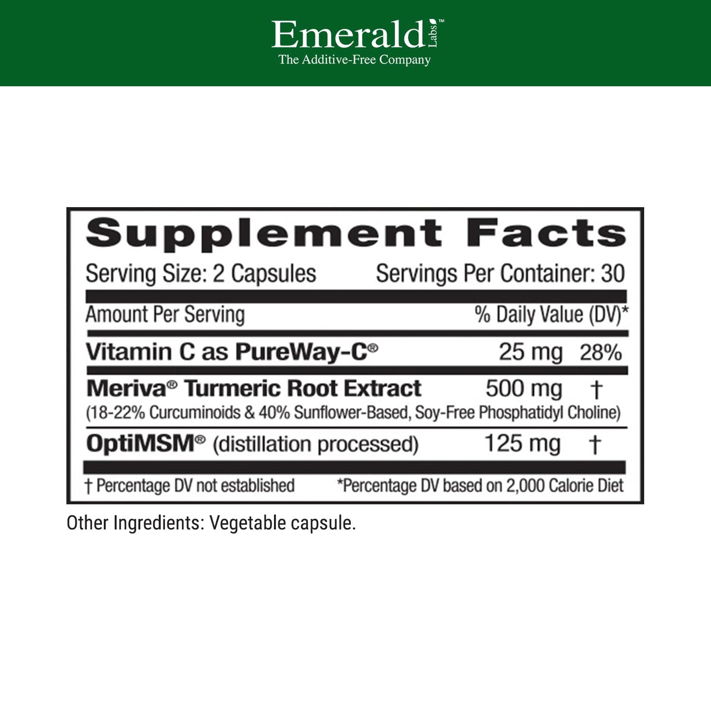 Emerald Labs Meriva Turmeric Plus | Meriva Turmeric, PureWay-C Vitamin C & OptiMSM | Joint Health & Immune Support | 60 Vegetable Capsules