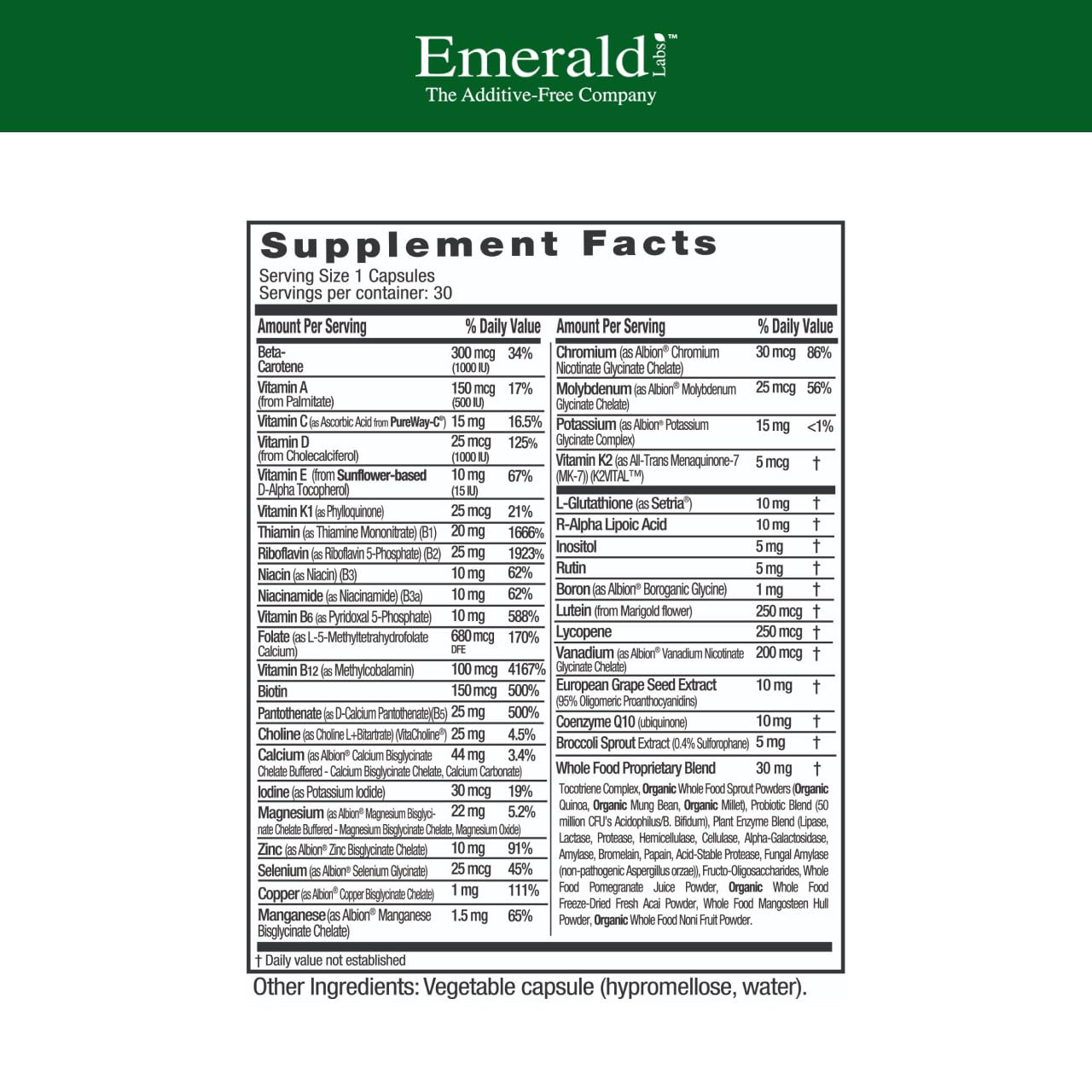 EMERALD LABS Women's 45+ 1-Daily Multi - 30 Veg Capsules - Gluten-Free