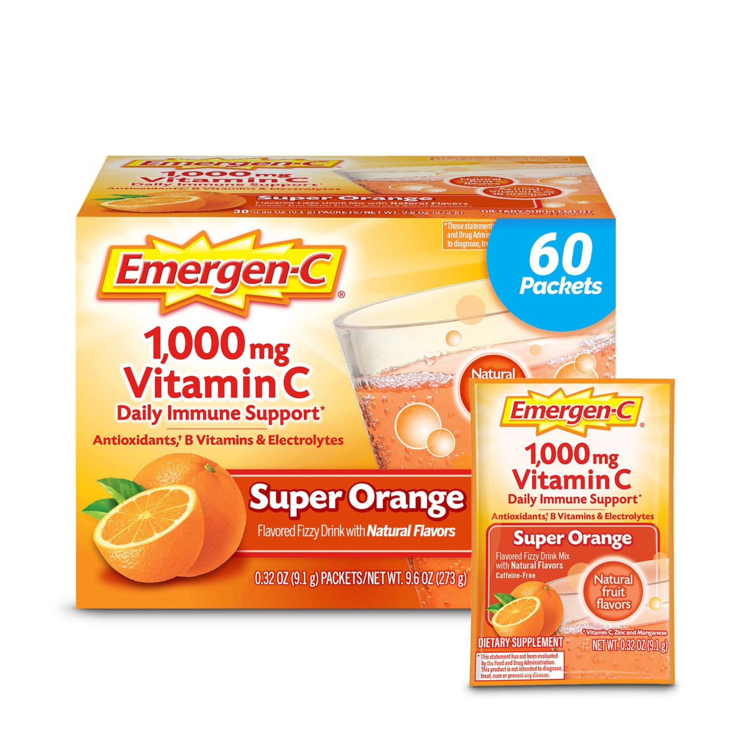 Emergen-C 1000mg Vitamin C Powder – Immune Support, Orange Flavor, 60 Count