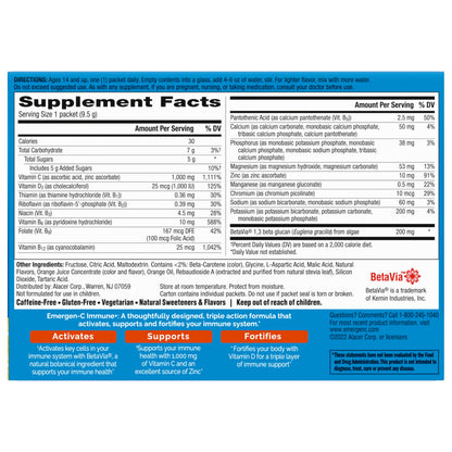 Emergen-C Immune+ Triple Action Immune Support Powder – 30 Count | BetaVia, Vitamin C 1000mg, D, Zinc