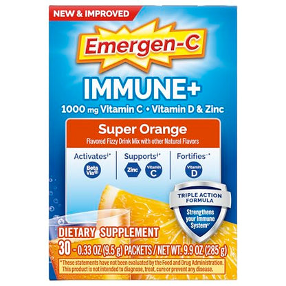Emergen-C Immune+ Triple Action Immune Support Powder – 30 Count | BetaVia, Vitamin C 1000mg, D, Zinc
