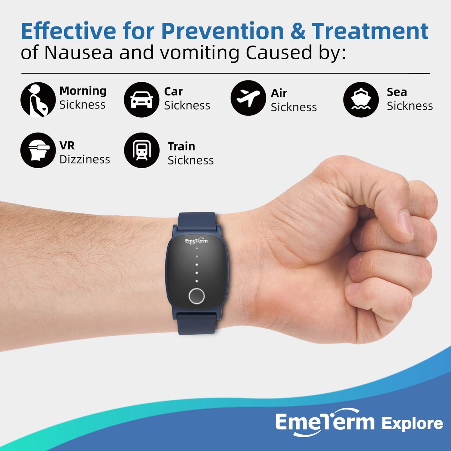 EmeTerm Explore FDA-Cleared Anti-Nausea Wristband – Drug-Free Motion Sickness Relief (Navy Blue, IP67)