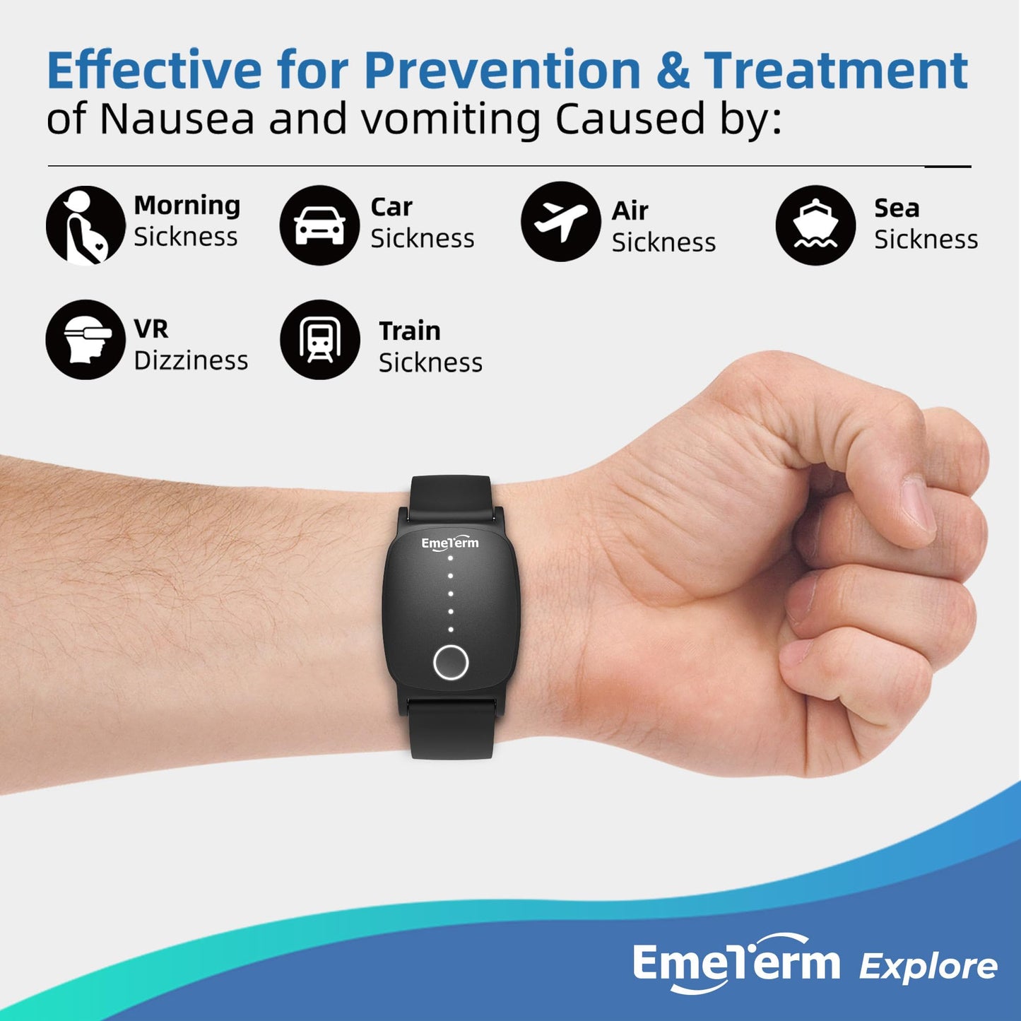 EmeTerm Explore FDA-Cleared Anti-Nausea Wristband | IP67 Waterproof, Rechargeable, Drug-Free Morning Motion Sickness Relief — Galaxy Black