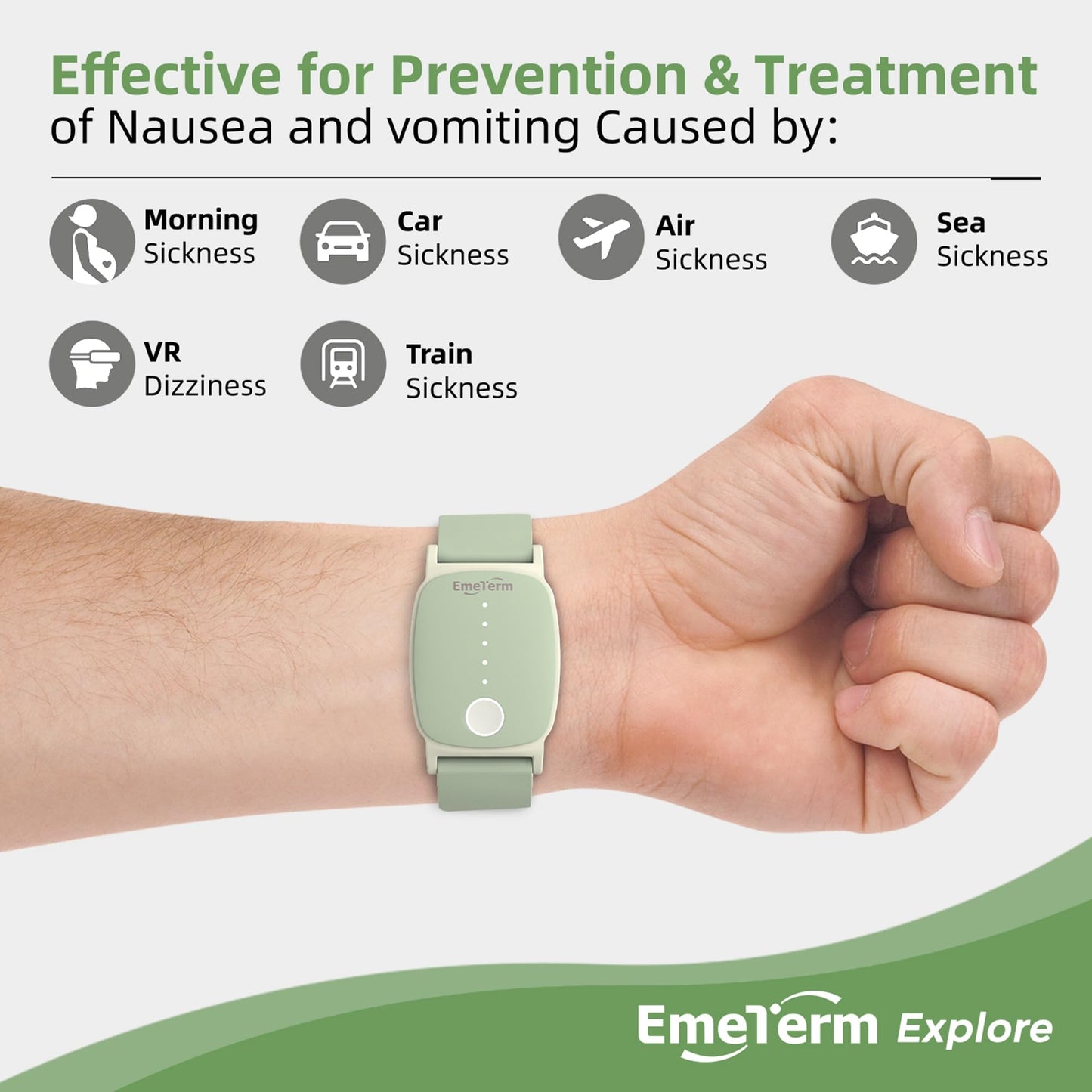 EmeTerm Explore FDA-Cleared Anti-Nausea Wristband | IP67 Waterproof, Drug-Free Relief (Mint Green)