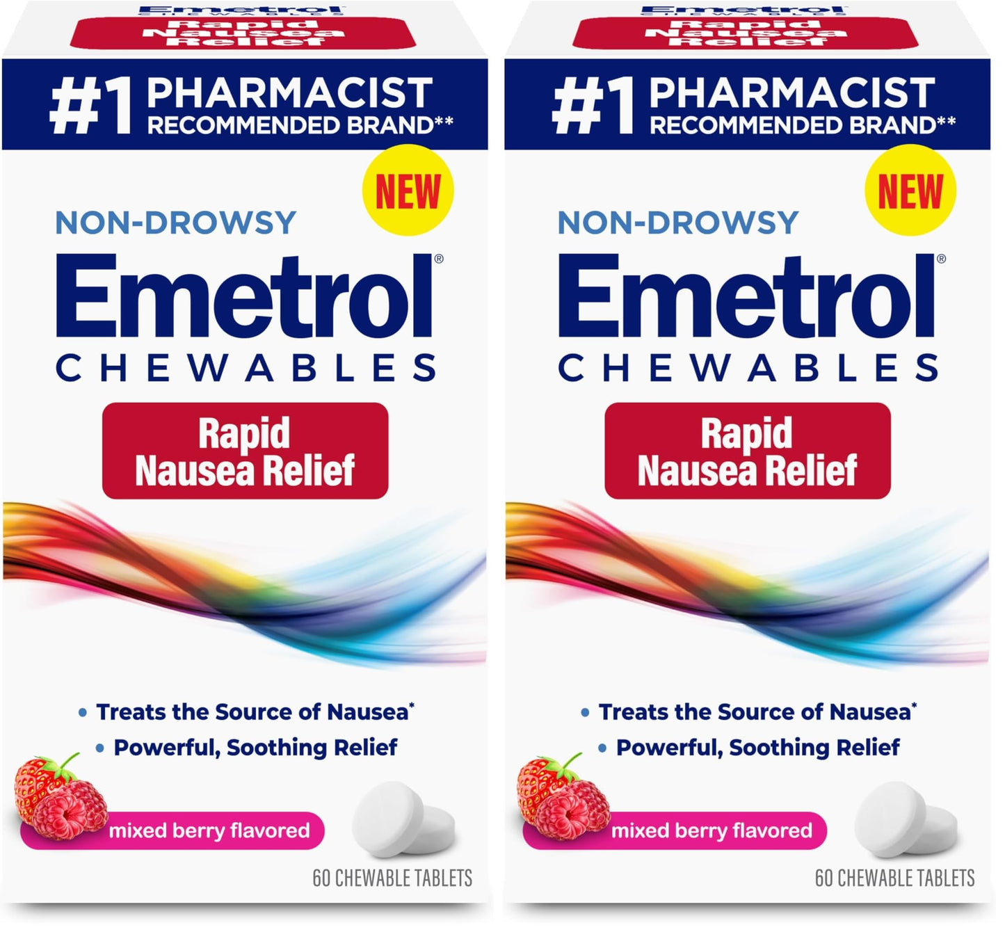 Emetrol Non-Drowsy Nausea Relief – Mixed Berry Chewables, 2-Pack (120 Tablets)