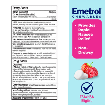 Emetrol Non-Drowsy Nausea Relief – Mixed Berry Chewables, 2-Pack (120 Tablets)