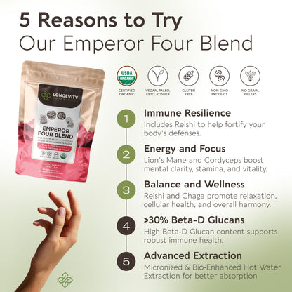 Organic Emperor 4 Mushroom Blend 100g – Fruiting Body Extract | Lions Mane, Cordyceps, Chaga & Reishi