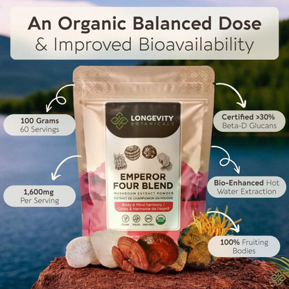 Organic Emperor 4 Mushroom Blend 100g – Fruiting Body Extract | Lions Mane, Cordyceps, Chaga & Reishi