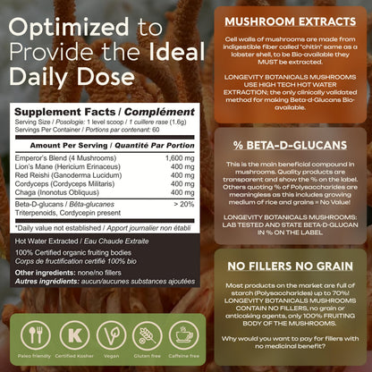 Organic Emperor 4 Mushroom Blend 100g – Fruiting Body Extract | Lions Mane, Cordyceps, Chaga & Reishi