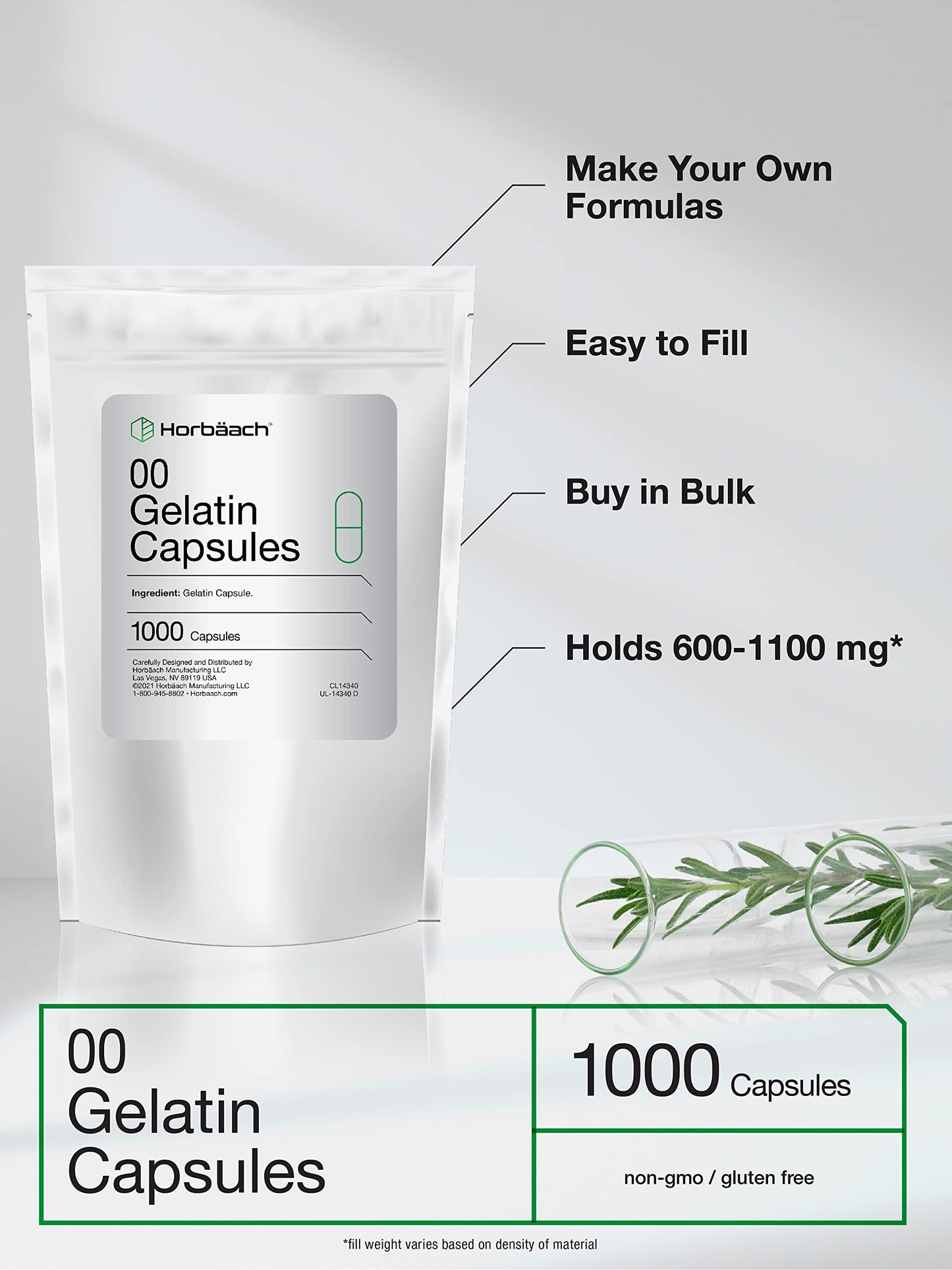 Empty Capsules Size 00 | 1000 Clear Gelatin Capsules | Resealable Bag | Non-GMO, Gluten Free | By Horbaach