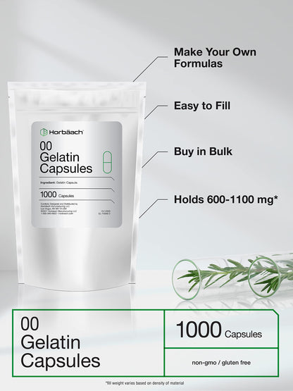 Empty Capsules Size 00 | 1000 Clear Gelatin Capsules | Resealable Bag | Non-GMO, Gluten Free | By Horbaach