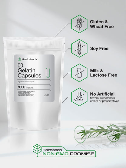 Empty Capsules Size 00 | 1000 Clear Gelatin Capsules | Resealable Bag | Non-GMO, Gluten Free | By Horbaach