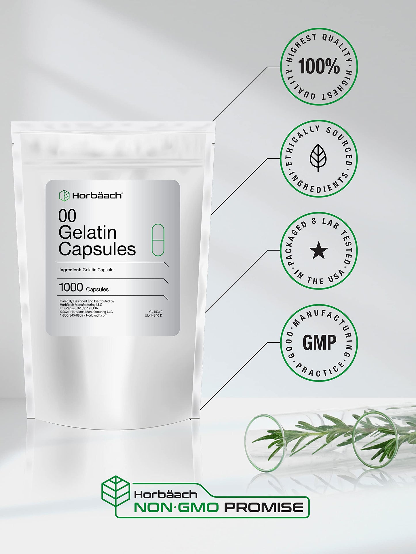 Empty Capsules Size 00 | 1000 Clear Gelatin Capsules | Resealable Bag | Non-GMO, Gluten Free | By Horbaach