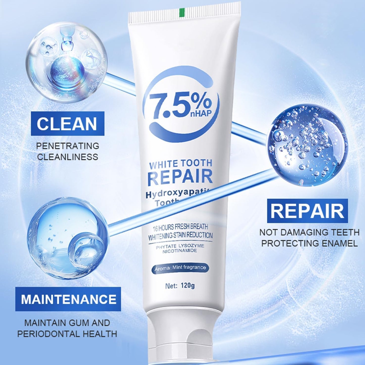 7.5% Hydroxyapatite Toothpaste for Enamel Protection - Fluoride-Free, Gentle Mint, Sensitive Teeth (4.23 oz)