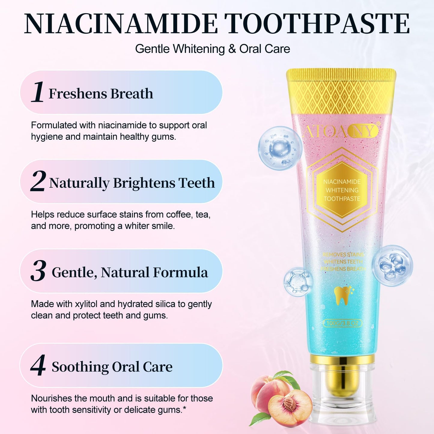 Niacinamide Whitening Toothpaste 2 Pack – Enamel Safe, Fresh Mint & Peach