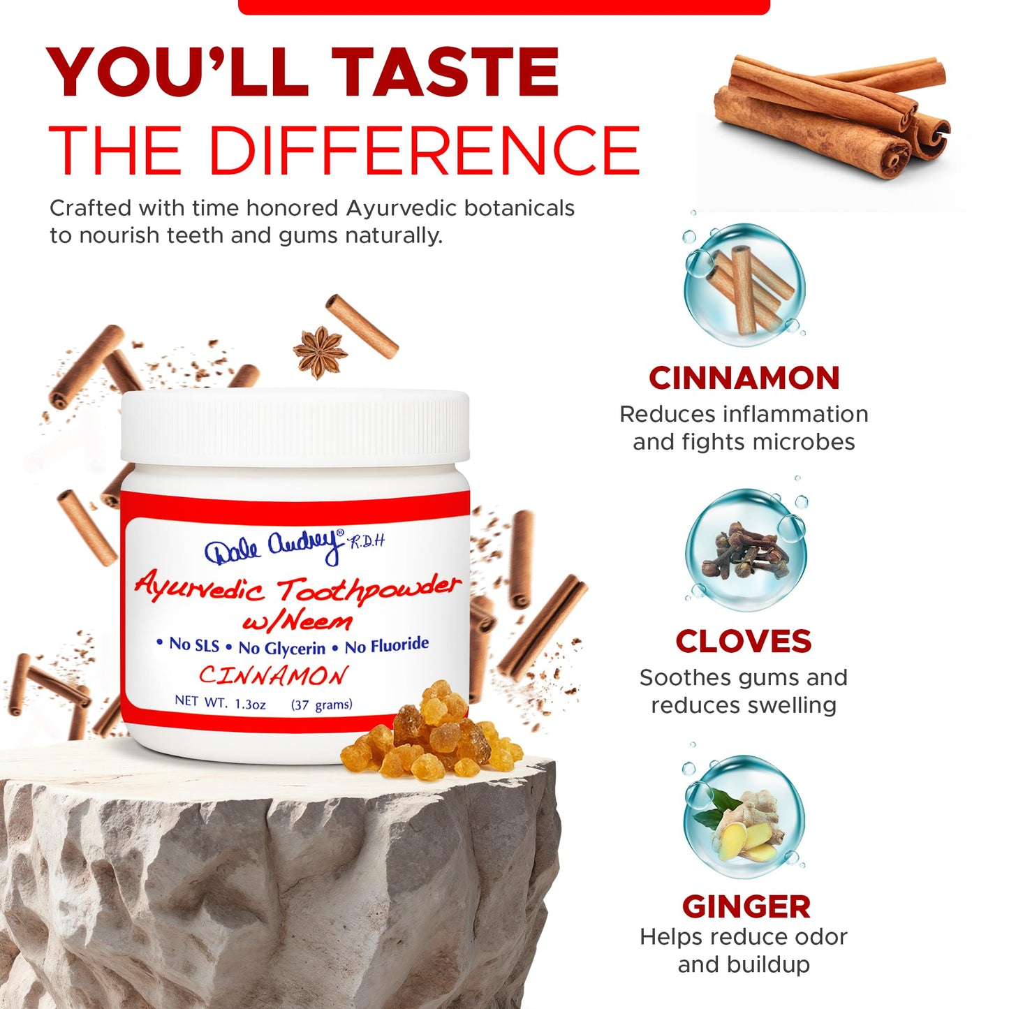Ayurvedic Remineralizing Tooth Powder - Cinnamon Flavor for Sensitive Teeth | Organic Gum Health & Bad Breath Care | 1.3 Oz