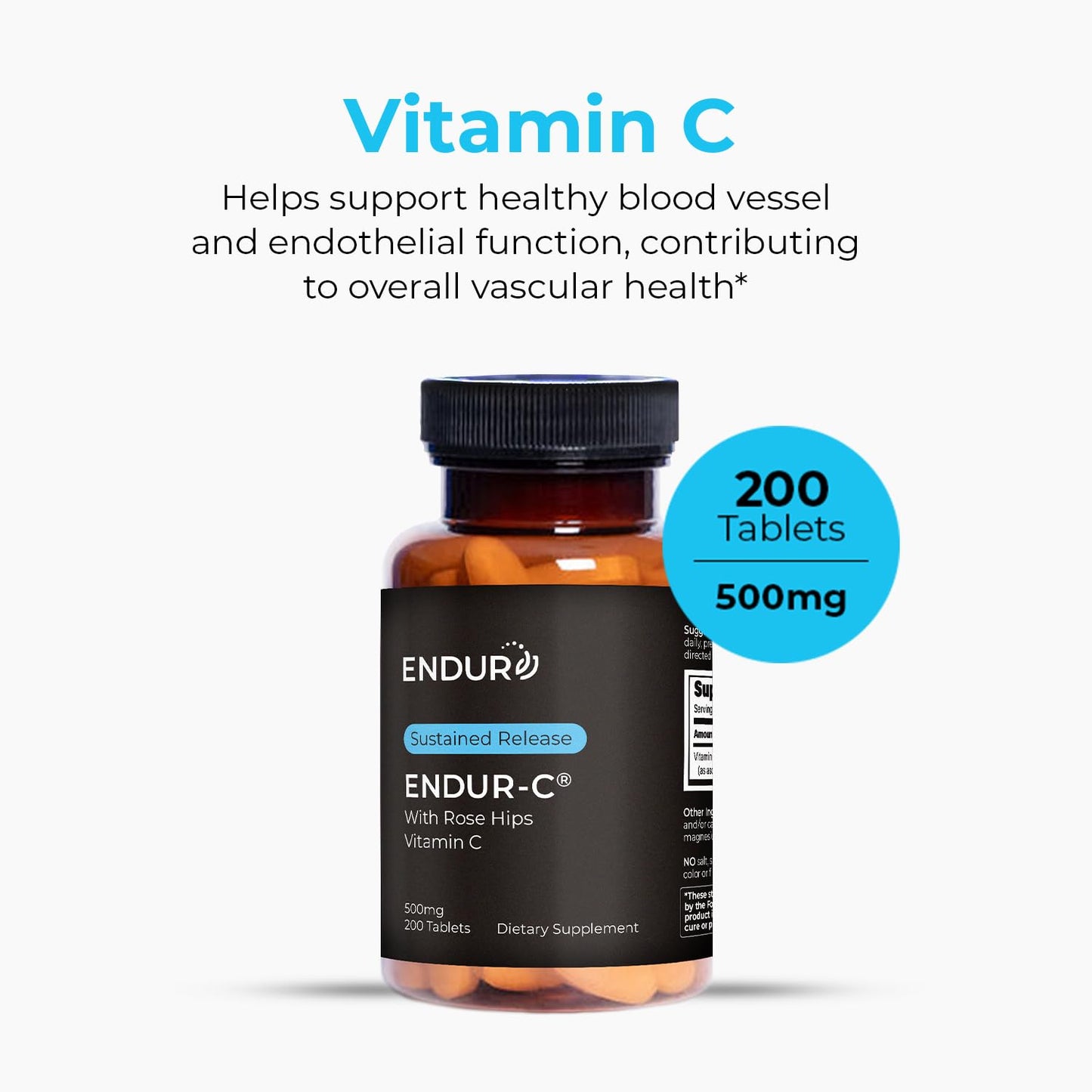 Endur ENDUR-C Vitamin C with Rose HIPS – 500mg, Gluten Free, 200 Tablets