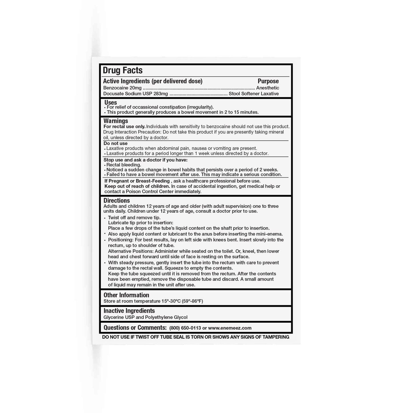Enemeez Plus Enema – Fast Acting Constipation Relief, 283mg Docusate Sodium, 20mg Benzocaine, 30 Count