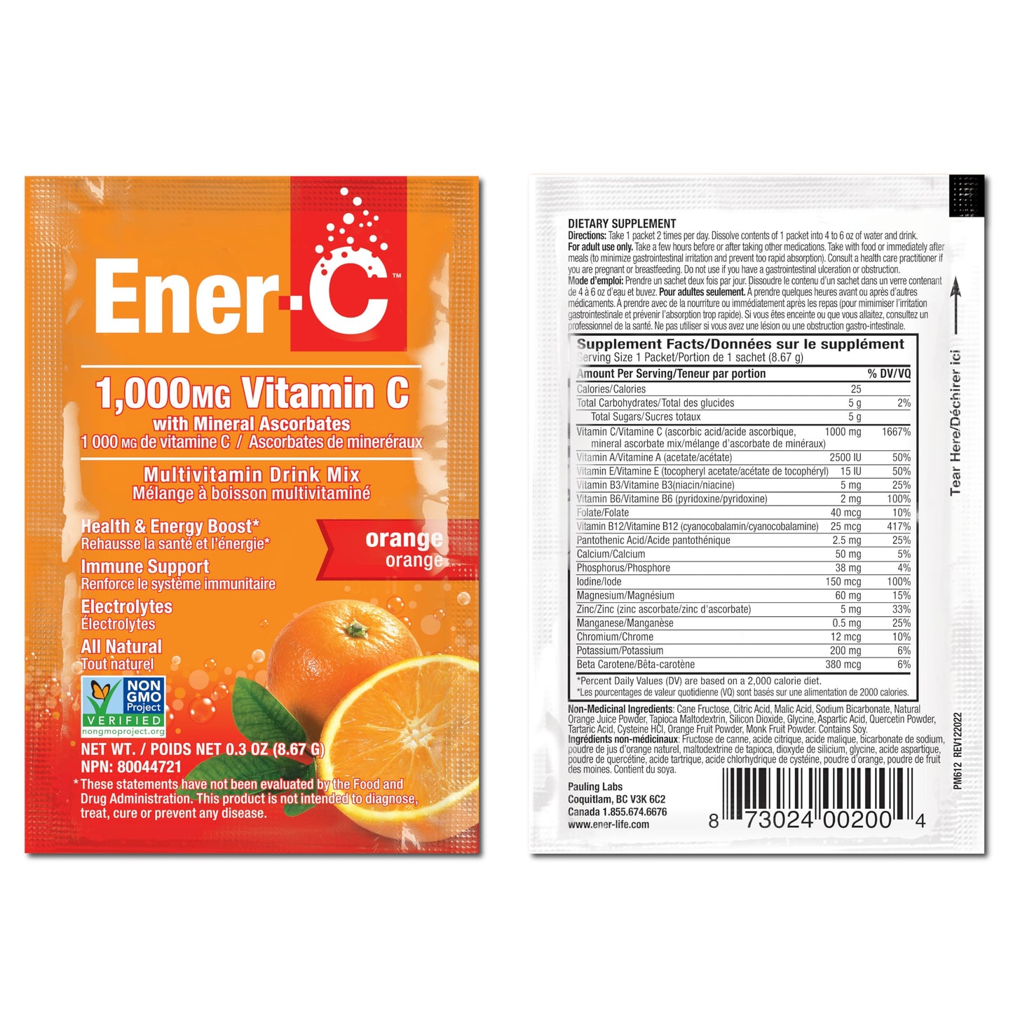 Ener-C 1000mg Vitamin C Immune Support – Orange Effervescent Drink Mix (60 Packets)