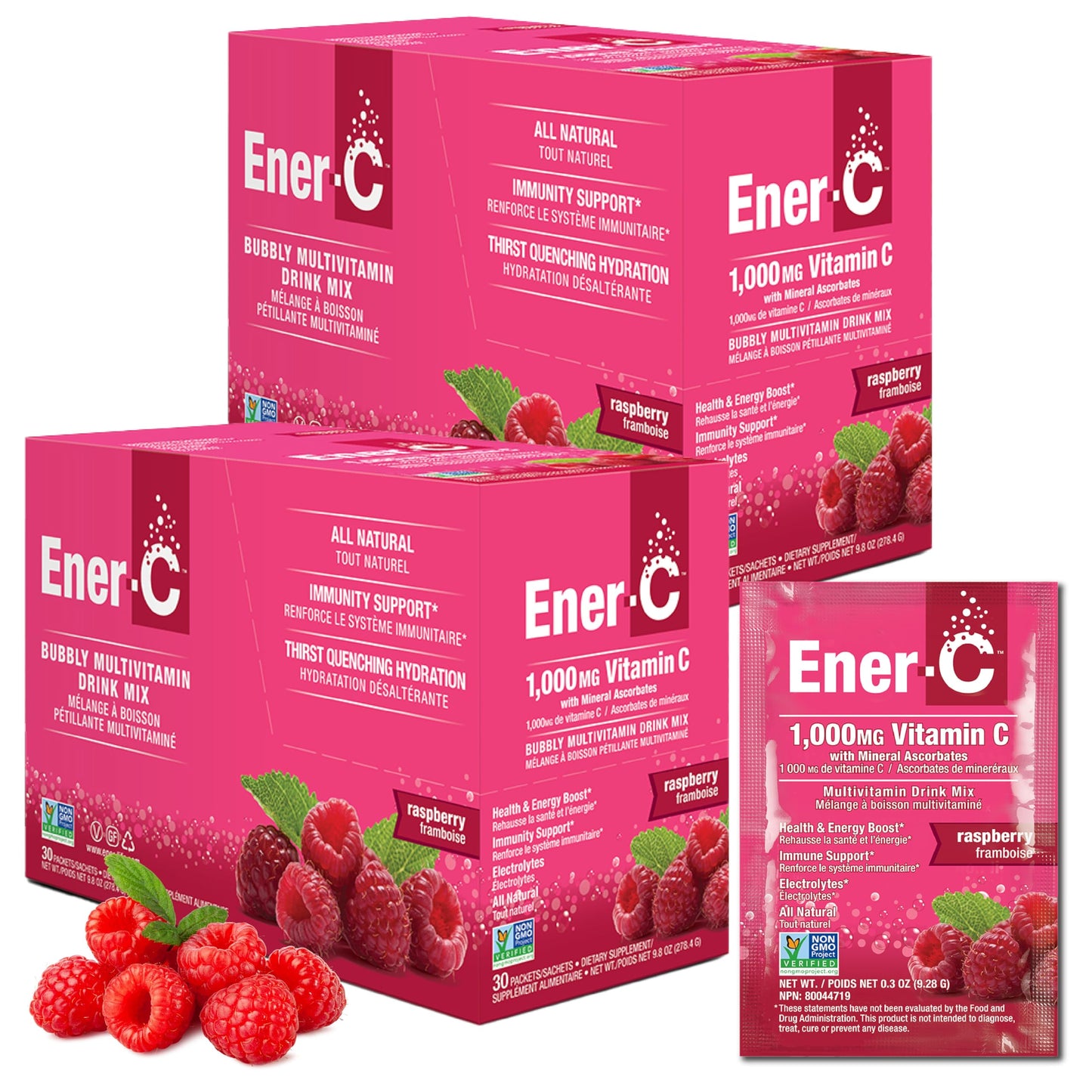 Ener-C Multivitamin Drink Mix – Immune Support, Hydration, Raspberry, 60 Count