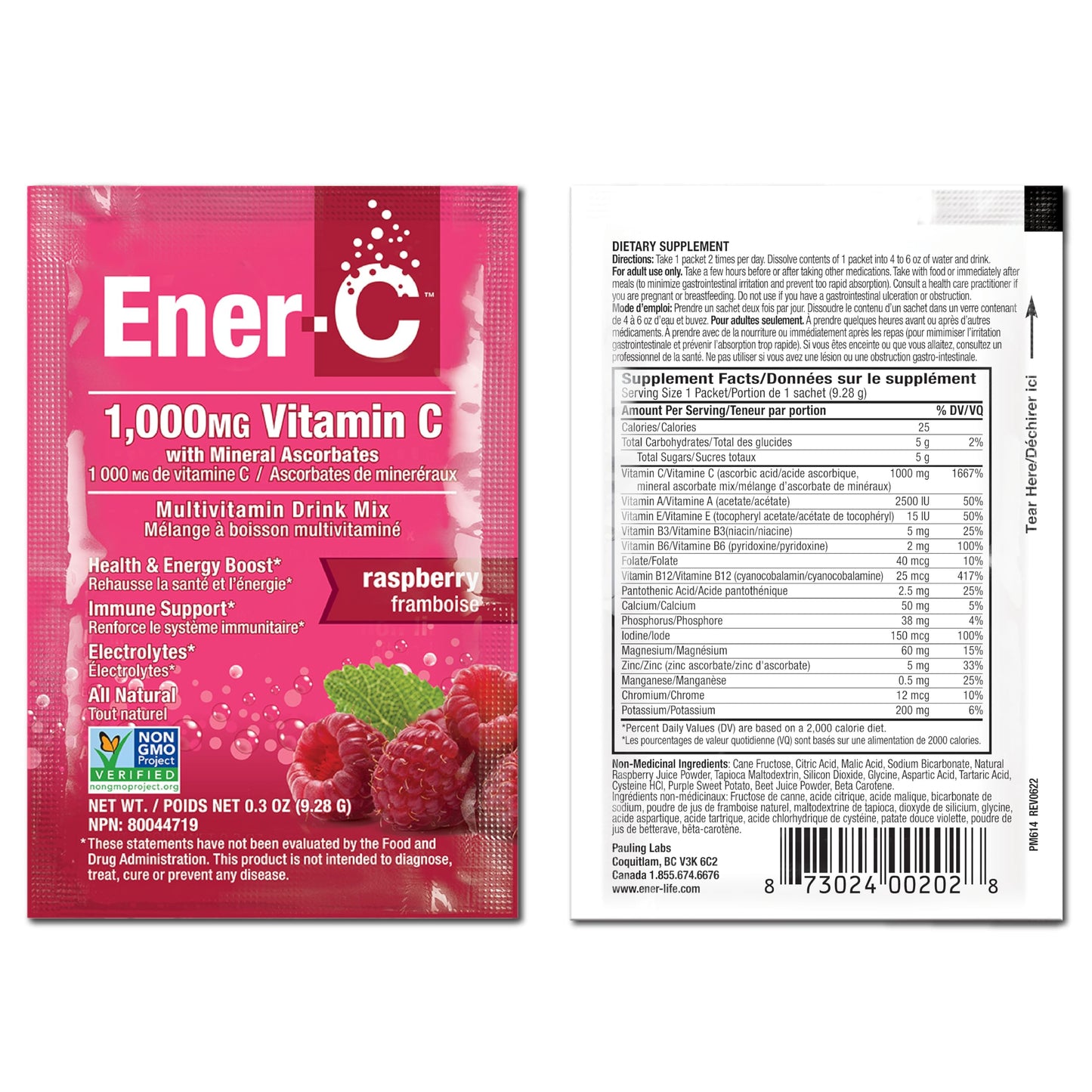 Ener-C Multivitamin Drink Mix – Immune Support, Hydration, Raspberry, 60 Count
