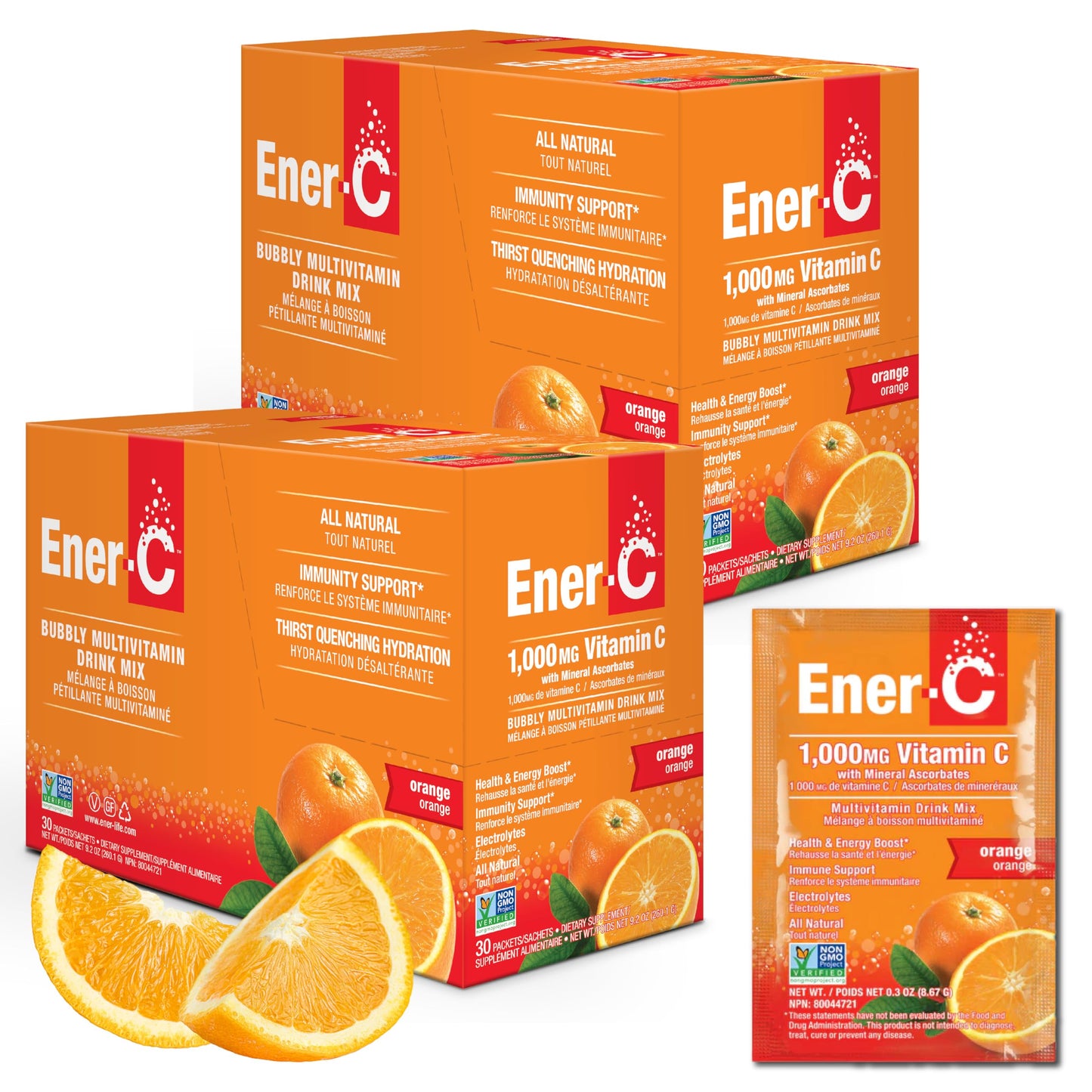 Ener-C 1000mg Vitamin C Immune Support – Orange Effervescent Drink Mix (60 Packets)